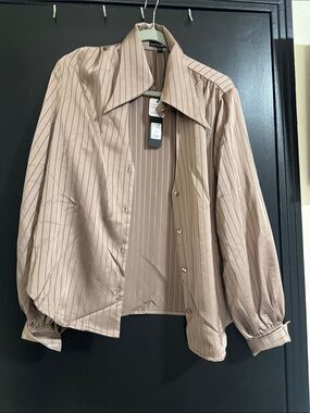 Fashion Nova Taupe Striped Button-Up Blouse